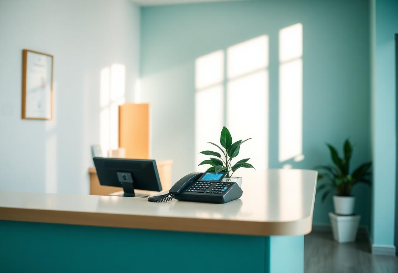 Calm, modern clinic reception desk — the kind of front desk Hasist.ai runs for you